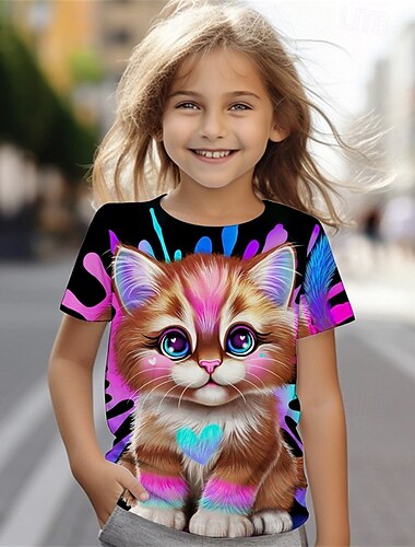  Lil Kitty by Sheena Pike κοριτσίστικο μπλουζάκι 3D με κοντά μανίκια, καλοκαιρινό, ανοιξιάτικο, μοντέρνο, βασικό, παιδικό 4-12 ετών, με στρογγυλή λαιμόκοψη, για υπαίθριες δραστηριότητες, casual,