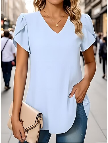  Femmes Chemisier Couleur Unie Basique Occasionnel Manche Courte Col en V Hauts Réguliers Quotidien Noir Blanche Rouge bleu marine Bleu Été