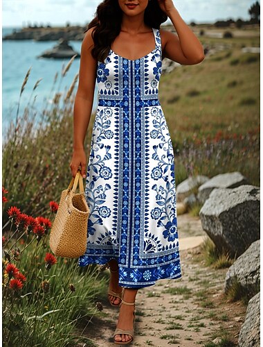  Damen Maxikleid A Linie Kleid Schulterfreies Kleid Urlaub Lässig Boho Party Ausgehen Strand Standard Passform Grafik Stammes Ärmellos Quadrathals Schwarz Weiß Rote Blau Sommer Frühling