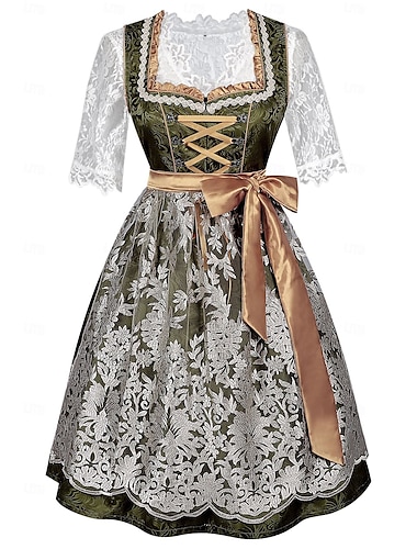  Vrouwen Groene Kant Dirndl Jurk met Schort en Blouse voor Oktoberfest Wiesn Bierfestival