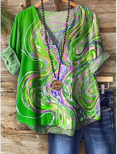  Damen Bluse Ombre Grafik Gestreift Vintage Tropisch Hawaiianisch Langarm V Ausschnitt Normale Oberteile Täglich Ferien Strandbekleidung Druck Blau Purpur Grün Sommer Frühling