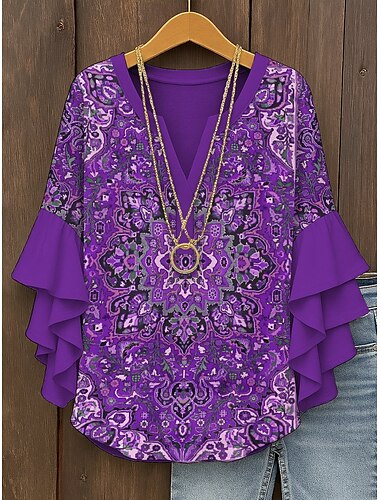  Damen Retro Bluse mit gestuften Rüschensäumen Vintage Grafik Bohème Vintage Täglich 3/4-Ärmel V-Ausschnitt Reguläre Oberteile Tägliches Urlaubsbekleidung Druck Gelb Rot Blau Lila Grün Sommer