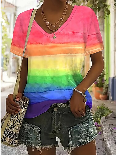  Per donna Maglietta Top estivi Grafico Gradiente di Colore Classico Casual Manica Corta Scollo a V Top corti Quotidiano Weekend Stampato Arcobaleno Estate Primavera Autunno