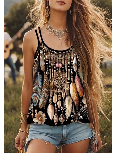  Damen Camisole-Tanktop Grafik Feder Vintage Stilvoll Ethnisch Ärmellos Rundhalsausschnitt Normale Oberteile Täglich Ferien Ausgehen Druck Schwarz Braun Khaki Sommer Frühling
