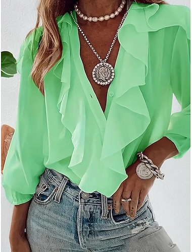  Femmes Chemise Uni Dames manche longue Manches Bouffantes Col de chemise Hauts Réguliers Travail Quotidien A Volants Boutons Vert herbe Vert Beige Rose Été Printemps