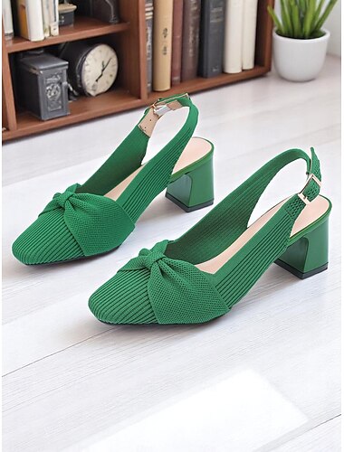  Scarpe con tacco a spillo verdi da donna con dettaglio fiocco – tacchi bassi traspiranti in Flyknit per spostamenti primaverili, ufficio e outfit casual chic