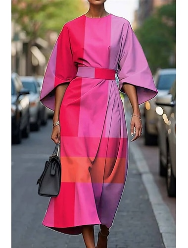  Per donna Abito Lungo Maxi Abito Vestito Casual Abito Estivo Moda Moderno Quotidiano Data Weekend Vestibilità regolare Geometrico Manica 3/4 Girocollo Blu Rosa Viola Fucsia Estate