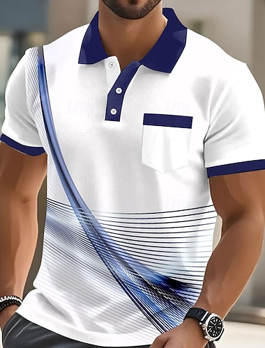  Homme Géométrique Ligne Polo Manche Courte Col Rabattu Affaires Affaires Athleisure Décontracté Quotidien Boutons Avec Poches Été Bleu œuf de mer Vert Rouge