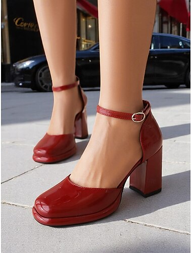  Zapatos de tacón cuadrado de charol rojo para mujer: zapatos de vestir con tiras en el tobillo de inspiración vintage de los años 50 para fiestas, trabajo y ocasiones especiales.