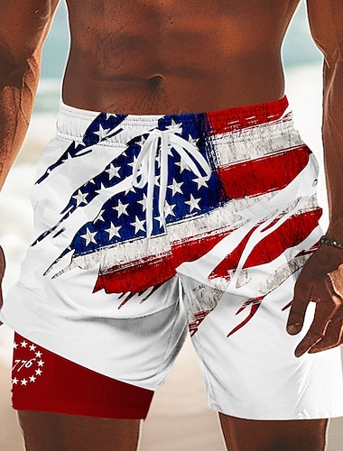  Självständighetsdagen Herr USA: s flagga Patriotisk Fjärde juli Fodrade shorts 2 i 1 simshorts Badshorts Medium Midja Helgdag Sidfickor Med kompressionsfoder Elastisk dragsko i midjan Designer Kläder