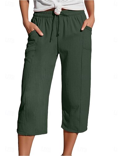  Damen Hose aus Baumwollleinen Chinos Urlaub Streetwear Basic Wadenlang Hohe Taille Einfach Tasche Elastischer Bund Bequem Weich Mikroelastisch Outdoor Straße Hellgrün Blau Khaki Armeegrün Sommer