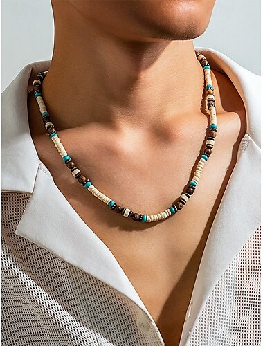  Collana da uomo con perline naturali e accenti in legno e turchese – gioielli in stile surf bohémien per outfit casual, festival estivi e abbigliamento da spiaggia