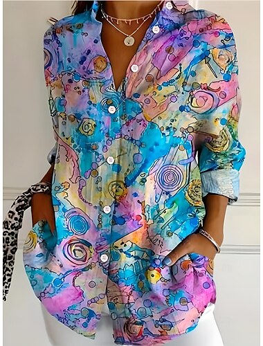  Dames Overhemd Ombre Bloemig Grafisch Bohemen Actief Dagelijks Lange mouw Overhemdkraag Normale tops Werk Dagelijks Knop Afdrukken Wit Blozend Roze blauw Paars Oranje Lente Herfst
