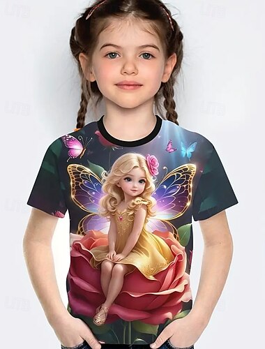  Ragazze 3D Farfalla Elfo Maglietta Manica Corta Estate Primavera Moda Essenziale Bambini 4-12 Anni Girocollo All'aperto Casuale Quotidiano Vestibilità regolare