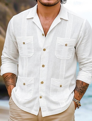  Per uomo Camicia Camicia di lino Camicia Guayabera Camicia Estiva Camicia da Spiaggia Tinta unica Vacanza Casuale Bianco Manica Lunga Collo Camp Abbigliamento Tasche Multiple