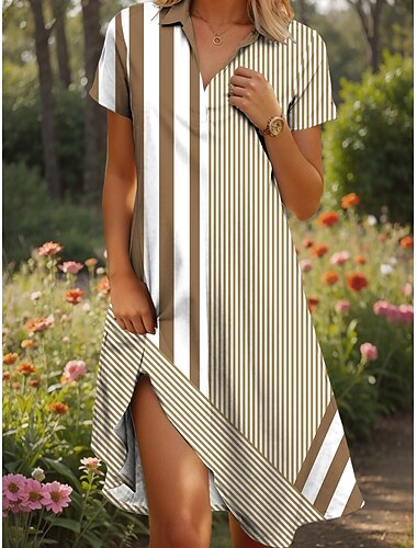  Damen Midikleid A Linie Kleid Sommerkleid Urlaub Lässig Strand Date Sommerkleid Normale Passform Grafik Gestreift Kurzarm Revers Leicht Braun Blau Grün Sommer