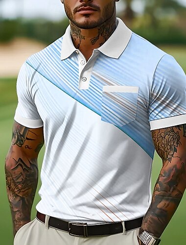  Herre Button Up Poloer Virksomhet Avslappet Knaphul Kortermet Kontor Geometrisk Linje Knapper Lomme Sommer Gul Blå Grønn Grå Button Up Poloer