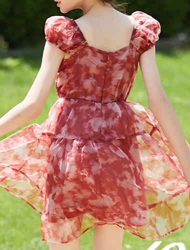  Barn Flickor Klänning Blomma Kortärmad Utomhus Rynkad Mode Förtjusande Polyester Knälång Vardagsklänning Blommig klänning Sommar 4 år + Rubinrött