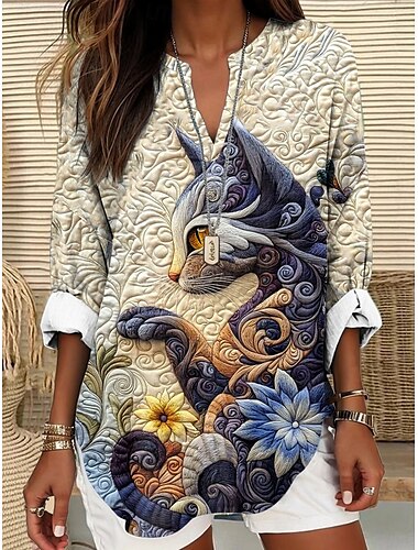  Damen Sommeroberteile Grafik Katze Vintage Tropisch Hawaiianisch Langarm V Ausschnitt Normale Oberteile Täglich Ferien Strandbekleidung Druck Blau Grün Beige Sommer Frühling