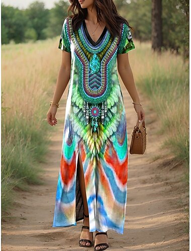  Damen Maxikleid Sommerkleid A Linie Kleid Urlaub Lässig Täglich Normale Passform Grafik Geometrisch Paisley-Muster Kurzarm V Ausschnitt Rosa Purpur Grün Sommer