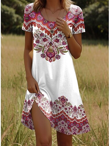  Dames Mini-jurk T shirt jurk Zonnejurk Vakantie Casual Boho Uitgaan Normale pasvorm Grafisch Paisley Korte mouw V-hals Geel Rood blauw Paars Zomer