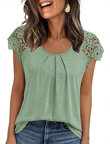  女性用Tシャツ 無地 シンプル ファッション スタイリッシュ クラシック ショートスリーブ クルーネック レギュラートップス デイリー 週末 レース パッチワーク ブラック ブルー グリーン カーキ 夏