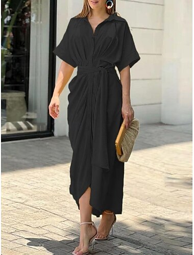  Women's Maxi Dress Work Dresses Solid Color Casual Office Regular Fit Plain Short Sleeve Shirt Collar Black White Pink Green Summer