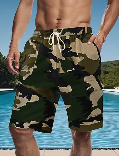  Herr Cargo-shorts Shorts Sommarshorts Snörning Elastisk midja Flera fickor Kamuflasje Komfort Bärbar Knelängd Utomhus Sport Dagligen Mode Ledigt Armégrön