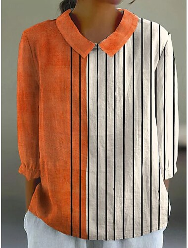 Mulheres Camisa Social Gráfico Geométrica Boêmia Diário à moda Manga Longa Colarinho de Camisa Tops regulares Diário Patchwork Botões Imprimir Castanho Avermelhado Amarelo Azul Laranja Verão Primavera