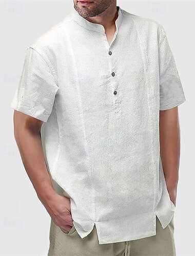  Voor heren Overhemd Popover-shirt Zomer overhemd Normaal shirt Strand hemd Zwart Wit Geel Korte mouw Effen Band Kraag Vakantie Hawaii Knop Kleding Polyester Modieus Casual Comfortabel