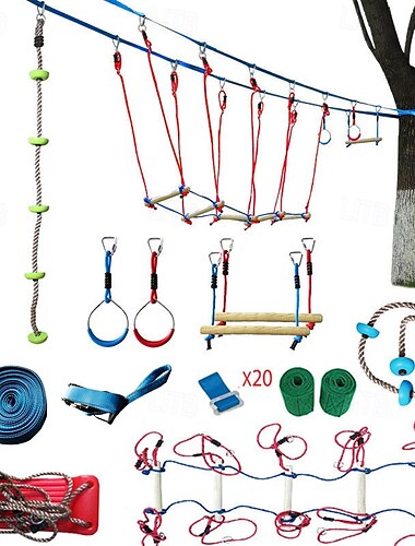  Slackline-Hindernisparcours mit wackeliger Brücke für Kinder im Freien, Ninja-Slackline, 24,4 m lange Linie mit Schaukel, Ring, Trainingsgeräte-Set für den Ninja-Parcours im Freien für den Garten