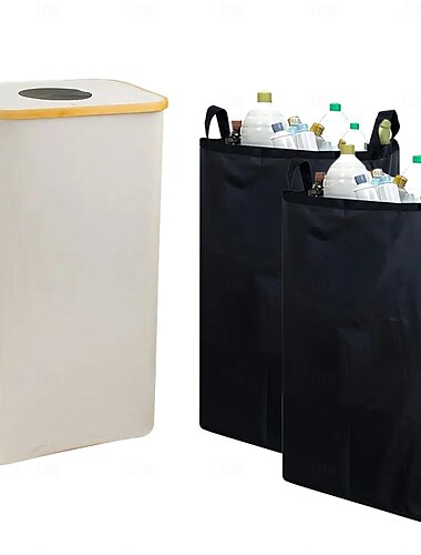  Poubelle de recyclage pour cuisine, maison, panier à linge de 100 l avec 2 sacs intérieurs amovibles, cadre en bambou, tissu Oxford, ouverture supérieure à fermeture automatique, poche latérale,