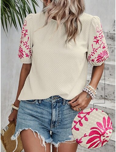  Dames Blouse Bloemig Stijlvol Casual Korte mouw Pofmouw Strakke ronde hals Normale tops Dagelijks Geborduurd Zwart Blozend Roze blauw Abrikoos Zomer
