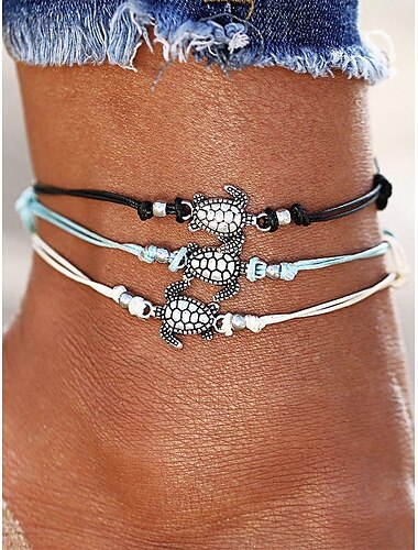  Freundschafts-Fußkettchen-Set mit Schildkröten-Charm für Damen – verstellbares Armband mit Silberperlen und Schildkröten-Charm – Strand- und Sommeraccessoires