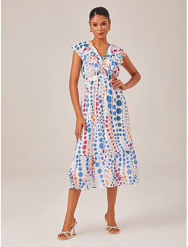  Femmes Robe Décontractée Arc-en-ciel Manche Courte Pois A Volants Col en V Vacances XS S M