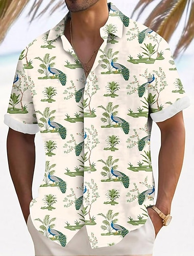  Miesten Lintu Riikinkukko Trooppiset kasvit Havaiji paita Button Up paita Havaijilaispaita Lyhythihainen Havaijilainen Loma Pyhäpäivä Ranta-asut Kesä Kevät Sänkyjen avaus 3D-tulostus kauluspaidat