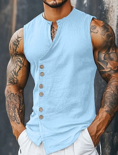  Herren Hemd Leinenhemd Sommerhemd Strandhemd Vintage-Shirt Ärmelloses Shirt Einfach Täglich Streetwear Schwarz Weiß Himmelblau Khaki Ärmellos Mandarinkragen Sommer Frühling Bekleidung Knöpfe
