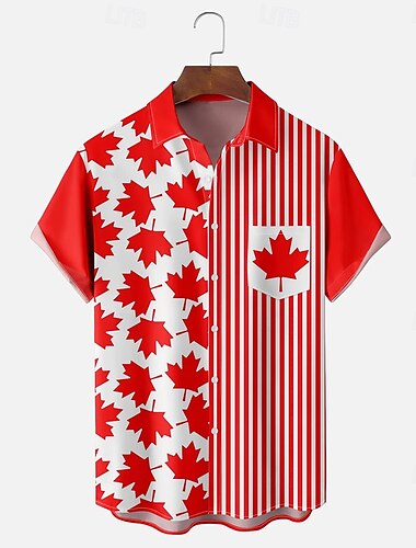 Canada Day Men's Striped Maple Leaf Shirt Summer Shirt Button Up Shirt Short Sleeve Fashion Casual Holiday Summer Spring Turndown 3D Print Collared Shirts Front One Pocket Red