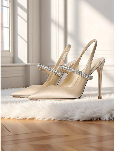  Escarpins à bride arrière en satin champagne pour femmes avec strass - élégants talons aiguilles à bout pointu pour les cocktails et les occasions formelles