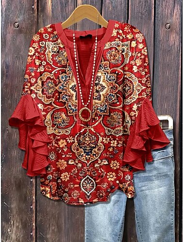  Damen Bluse Blumen Grafik Paisley-Muster Elegant Bohemien Ethnisch Dreiviertelarm V Ausschnitt Normale Oberteile Täglich Ferien Urlaubskleidung Rüsche Druck Rote Staubiges Blau Grün Sommer Frühling