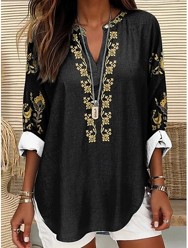  Blouse boho femme graphique florale vintage tropicale à manches longues col en V haut régulier vêtement quotidien vacances imprimé noir bleu kaki été printemps