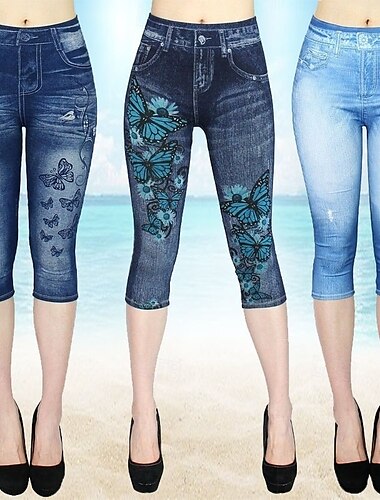  Leggings Capri pour femmes 3D Imprimés Vacances Vintage Décontracté Mi-Mollet Taille Haute Imprimé Floral Haute Coupe Confort Respirable Sèche Rapidement Élastique Extérieur Rue Quotidien Bleu Marine