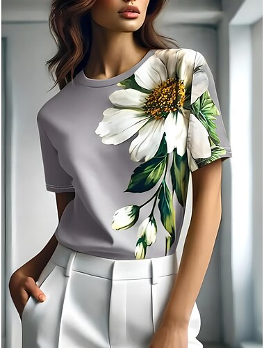  Dame T-shirt Blomstret Grafisk Planter Årgang Stilfuld Klassisk Kortærmet Rund hals Almindelige toppe Daglig Weekend Trykt mønster Sort Blå Lilla Grøn Grå Sommer Forår