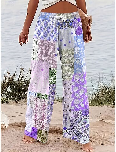  Damen Weites Bein Chinos Baggy-Hosen Urlaub Vintage Mode Volle Länge Hohe Taille Grafik Geometrisch Paisley-Muster Drucken Mikroelastisch Formell Urlaub Straße Rosa Blau Purpur Grün Sommer Frühling