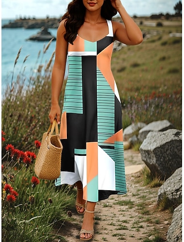  Dam Maxiklänning A linjeklänning Sommarklänning Off Shoulder Klänning Semester Ledigt Fest Datum Normal Grafisk Geometri Ärmlös Fyrkantig hals Rodnande Rosa Orange Grå Sommar Vår