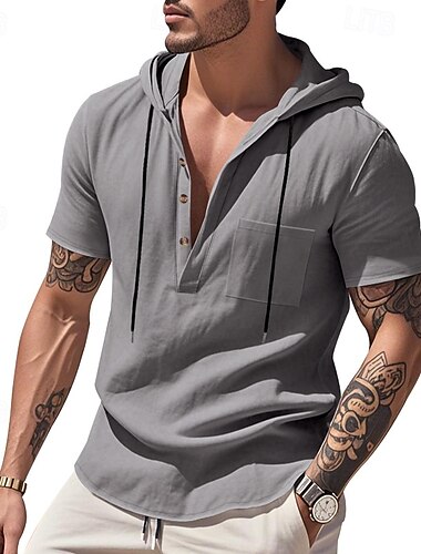  Hombre Camisa Camisa de lino Camisa de verano Ropa de playa Camisa con capucha Color sólido Vacaciones Calle Negro Blanco Azul cielo Verde Trébol Manga Corta Con Capucha Verano Primavera Ropa Bolsillo