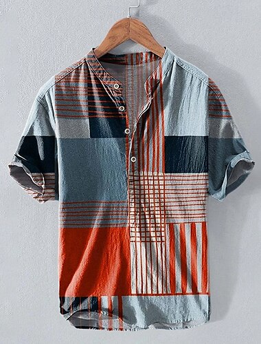  Herren Leinenhemd Popover-Hemd Henley Hemd Retro-Shirts Vintage-Shirt Ethno-Hemd Geometrisch Urlaub Täglich Blau Kurzarm Mandarinkragen Sommer Frühling Bekleidung Patchwork