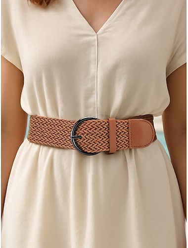  Cinturón trenzado de piel sintética para mujer con detalles y hebilla redonda: cinturón bohemio informal para vestidos, faldas y conjuntos de verano.