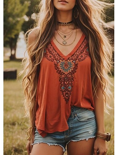  Femmes Chemisier Fleuri Graphique Paisley Bohème ancien Tropical Sans manches Bretelle Hauts Réguliers Quotidien Fête Tenue de plage Imprimé Orange Été Printemps