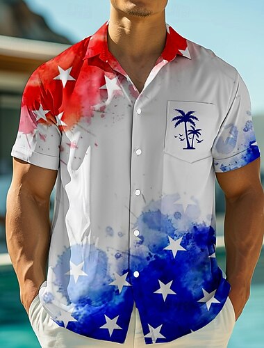  アメリカ独立記念日 男性用 ココナッツの木 アメリカの米国旗 愛国 シャツ サマーシャツ ボタンアップシャツ 半袖 ファッションカジュアル 祝日 夏 春 折襟 3Dプリント 襟付きシャツ フロントポケット1つ ホワイト ルビーレッド ブルー